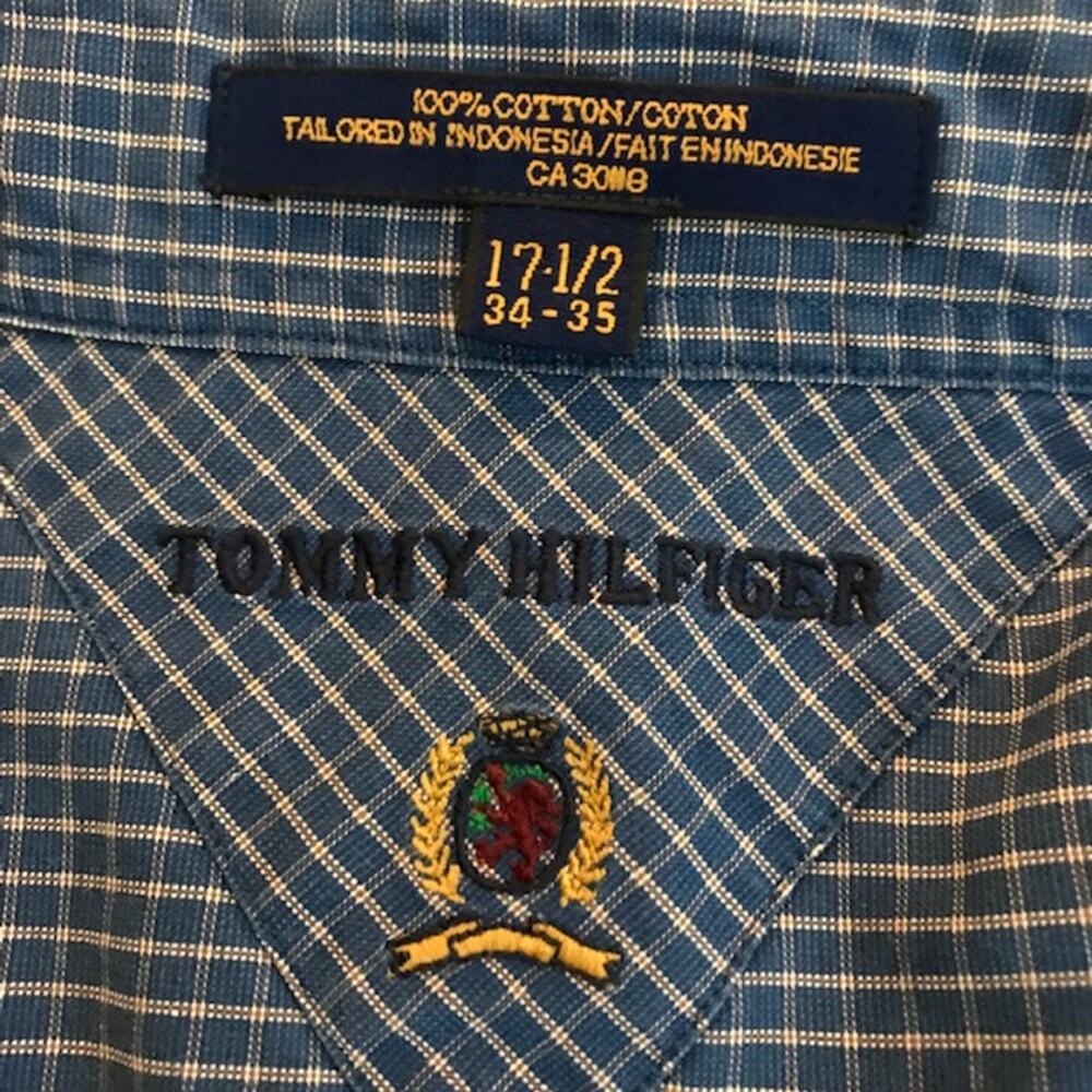 Tommy Hilfiger Long Sleeved Blue Gingham Mens Shirt Size 17 1/2